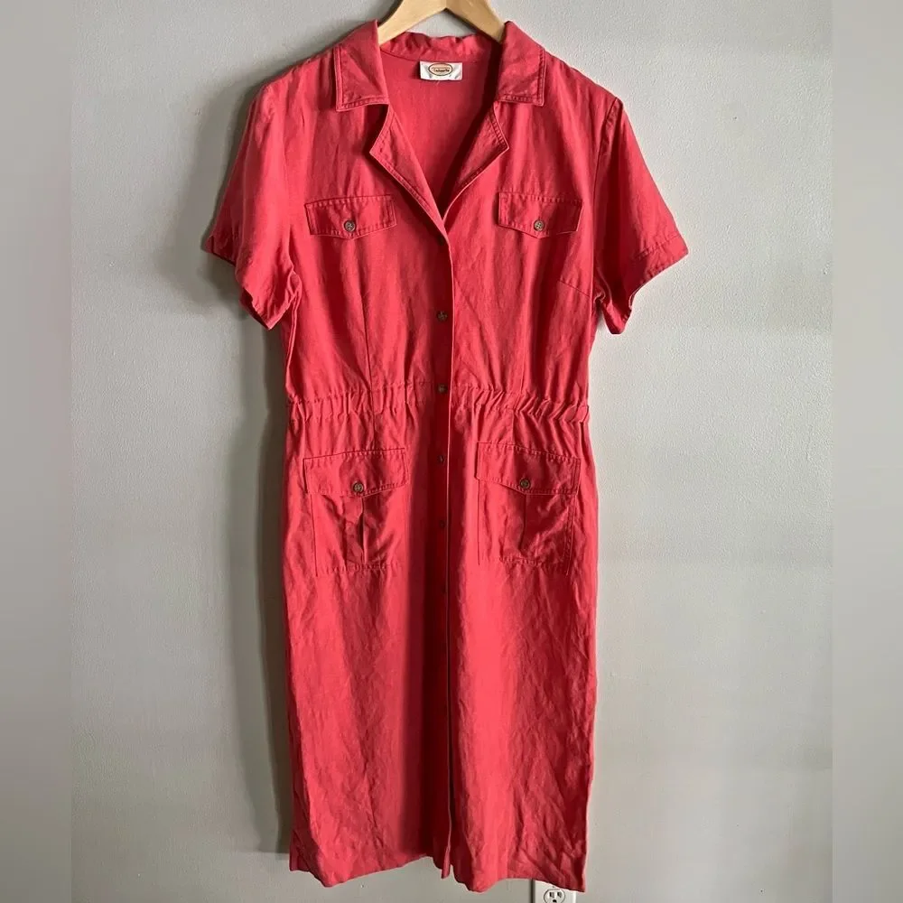 Talbots Linen Blend Shirt-Dress With Pockets Short Sleeve Red Rustic M-L